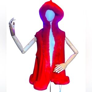 “Little Red Riding Hood” Influenced Trimmed Faux Fur Sleeveless Vest w/Hood